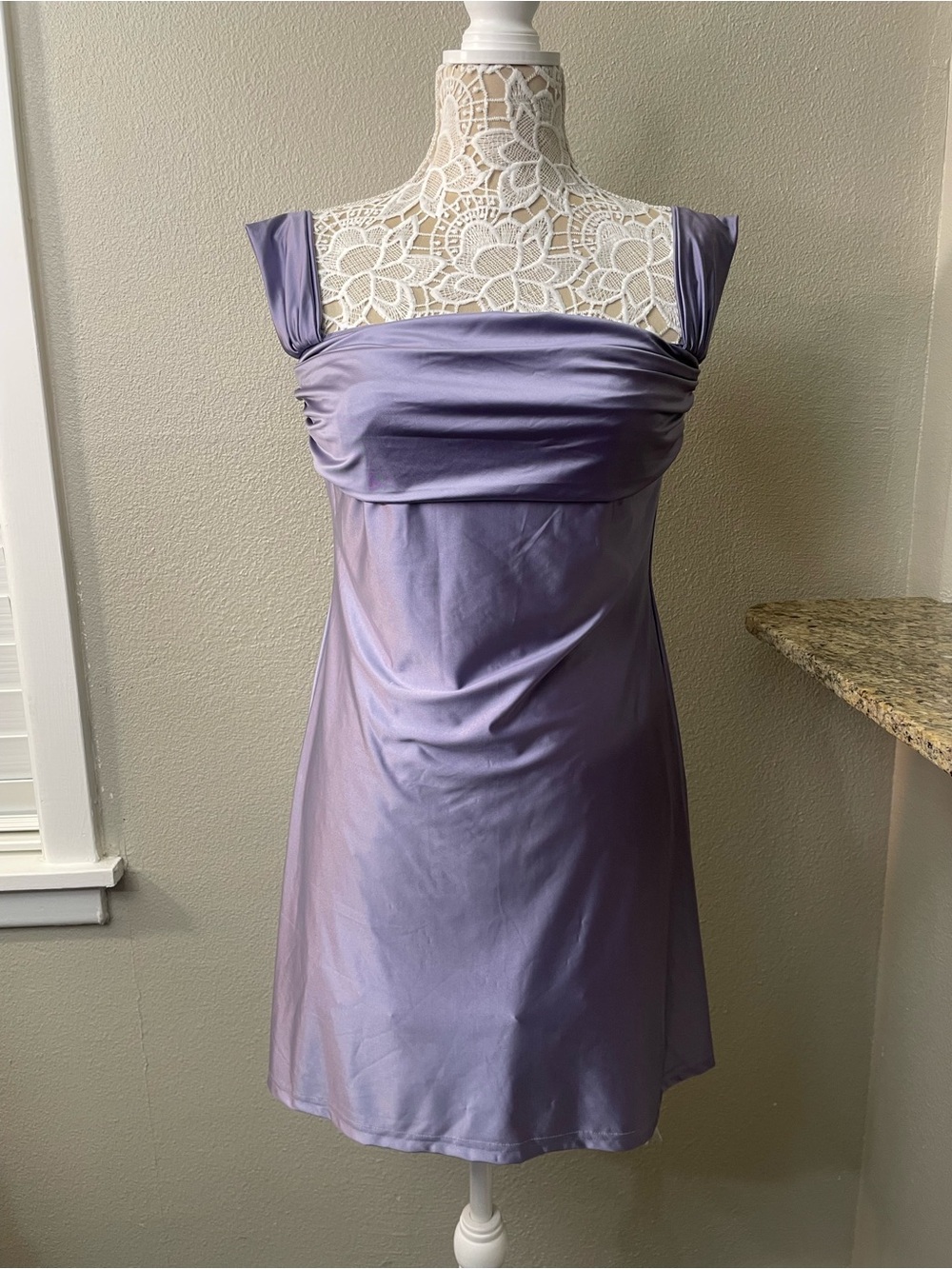 OQQ Lavender Satin Off-Shoulder Ruched Bodycon Mini Dress Size M